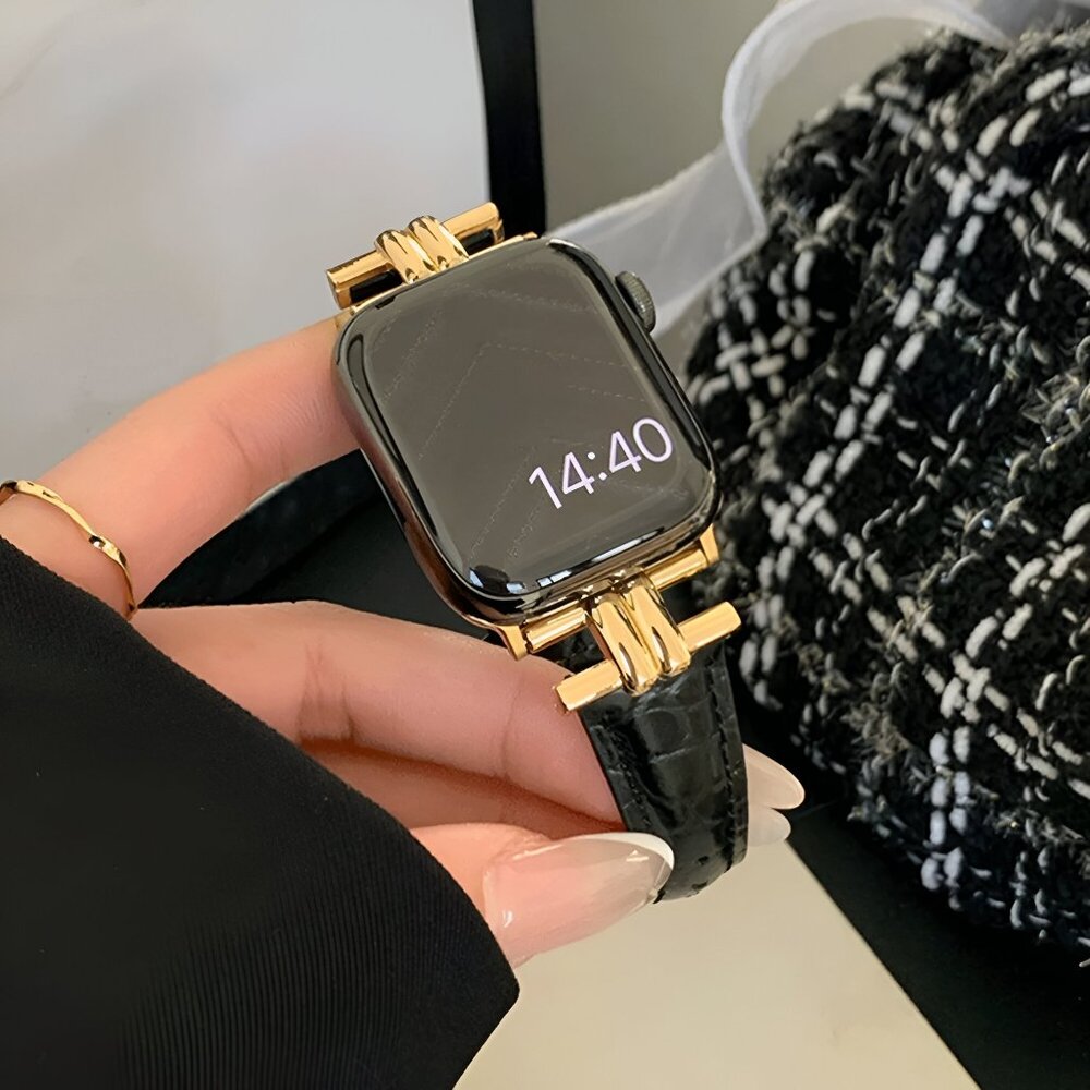 NEW Stylish Premium Leather Gold Strap Watch Band For Apple Watch - Black - Picture 5 of 7